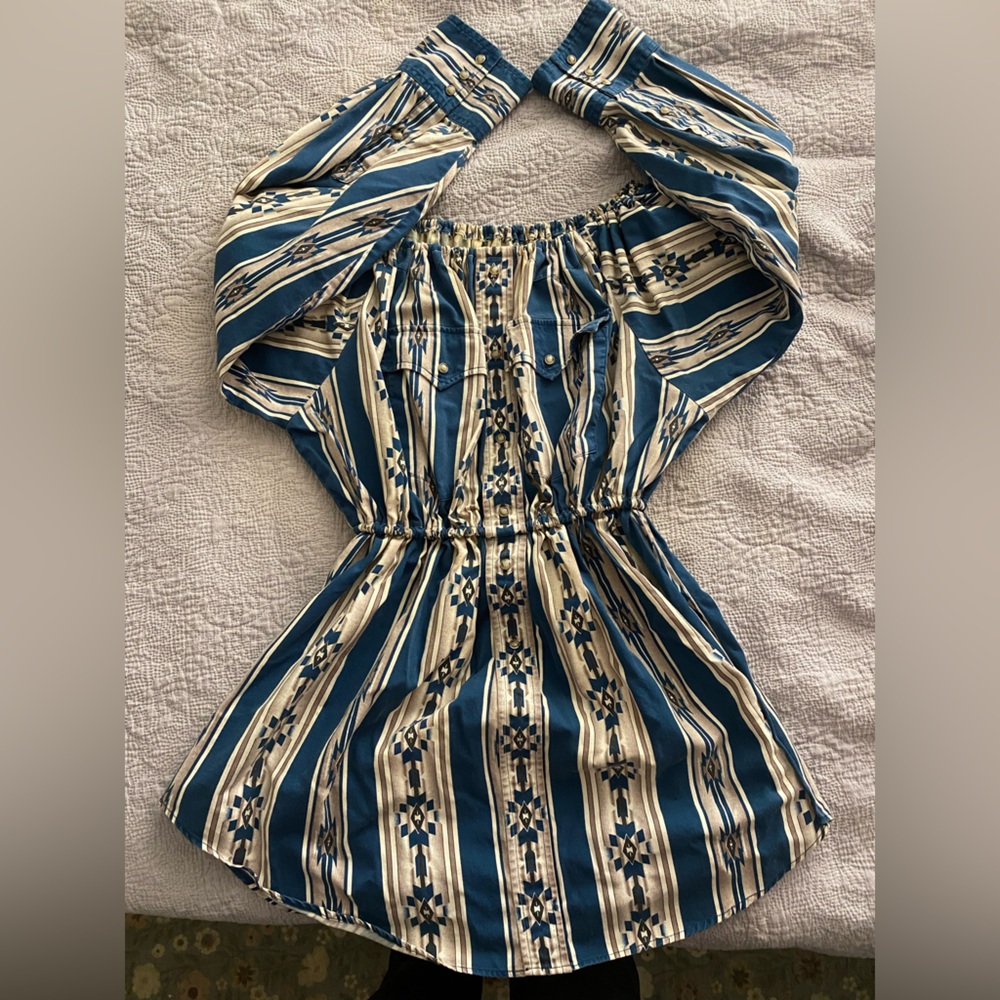 Teal Aztec Vintage Pearl Snap Off The Shoulder Dress
